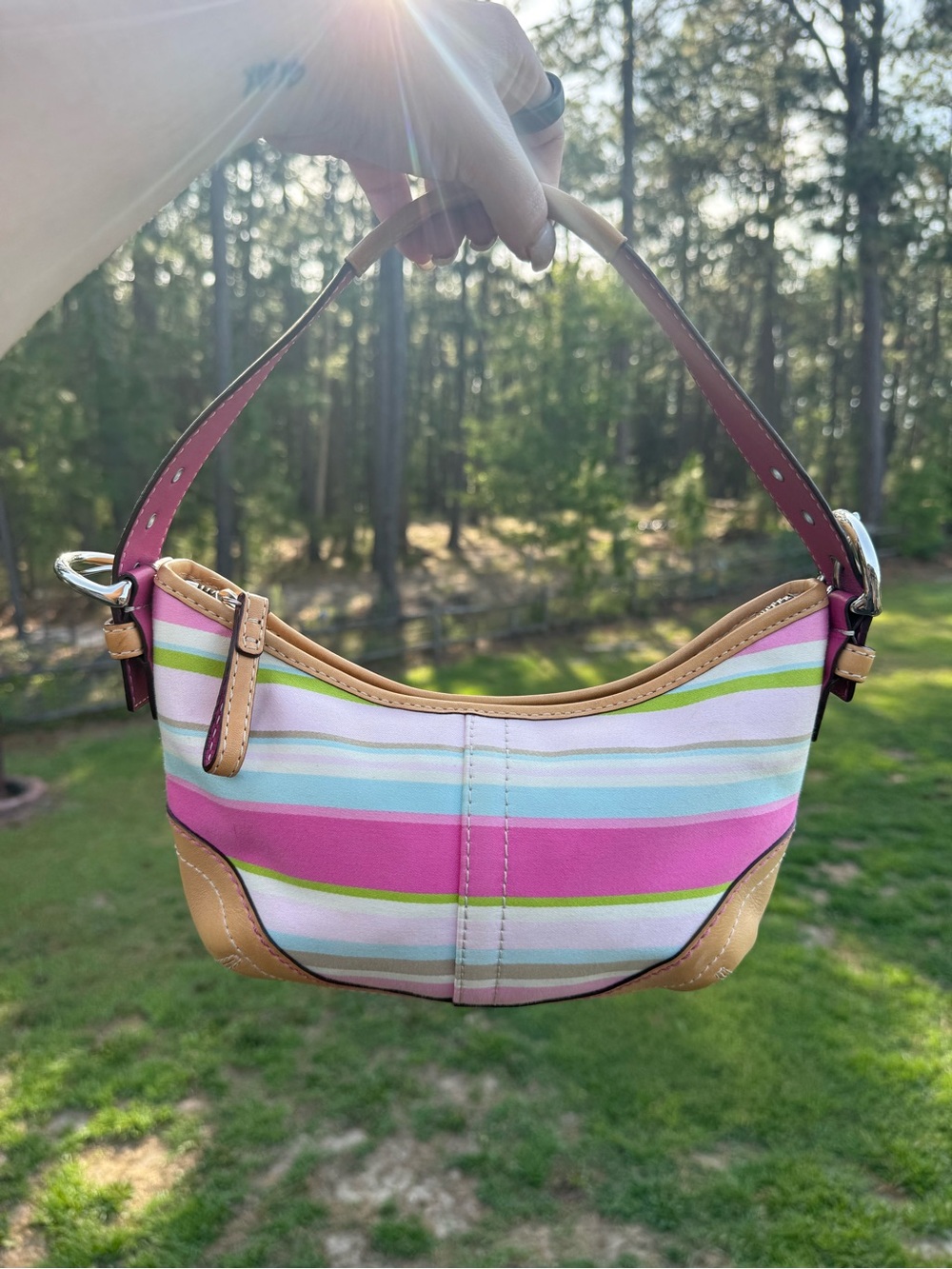 Coach Pink Multi-Striped Shoulder Bag with Tan Trim